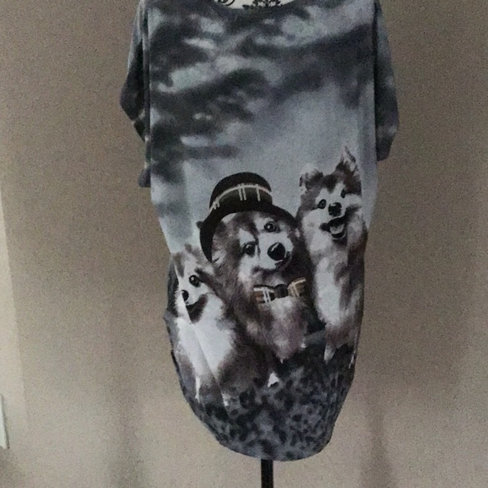 Womens long length, pull over, short sleeve t-shirt, dog motive with sparkles